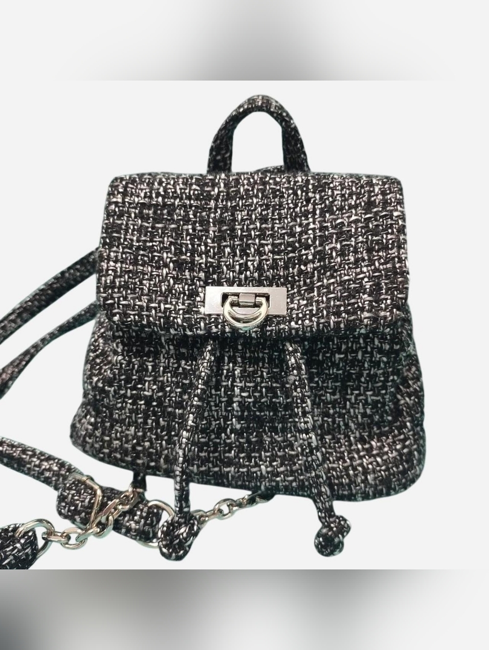 Black and White Tweed Mini Backpack with Silver-Tone Hardware